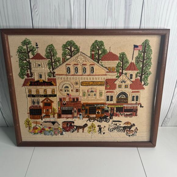 Crewel Other - 1980s Framed Vintage Dimensions Crewel Victorian Street Charles Wysocki 17x20